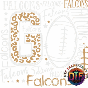 Stylized 'Go Falcons' with football graphic.
