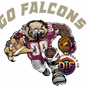 Falcon mascot football graphic with text.