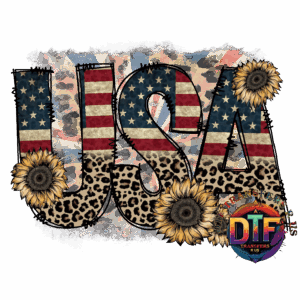 USA text with sunflowers and leopard print.