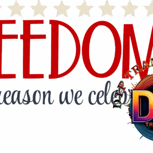 Freedom celebration with colorful DTF logo.