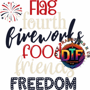 Fourth of July words with fireworks graphic.