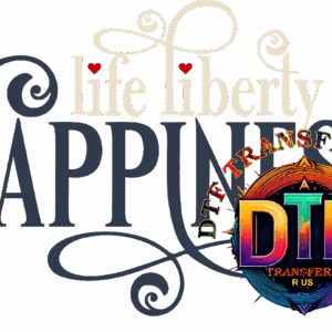 Life, Liberty, Happiness with colorful DTF logo.